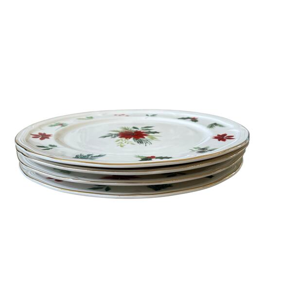 Grace Teaware Christmas Poinsettia Dinner Plates 10.25in Set 4 Holly Berry New - Picture 4 of 16